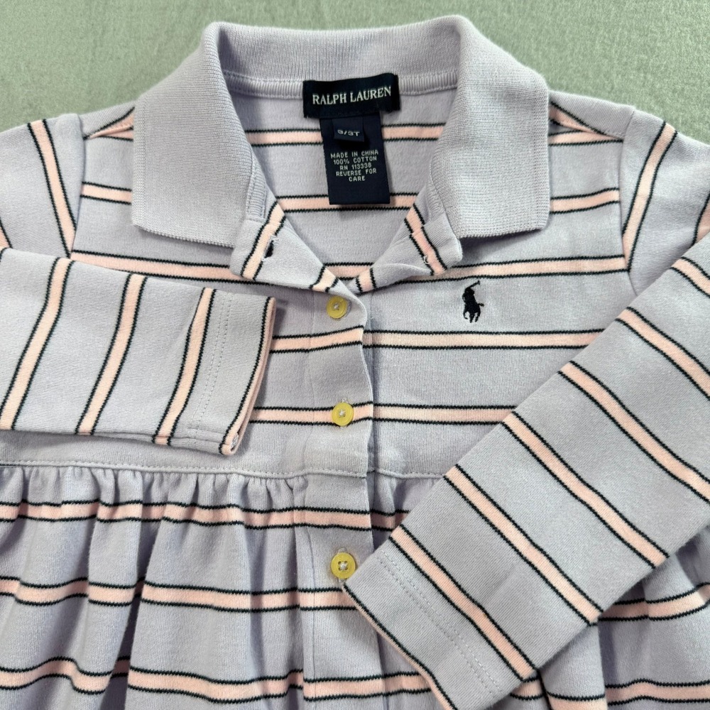 Ralph Lauren Polo Dress Girls 3T Purple Striped Long Sleeve Cotton Preppy Pastel